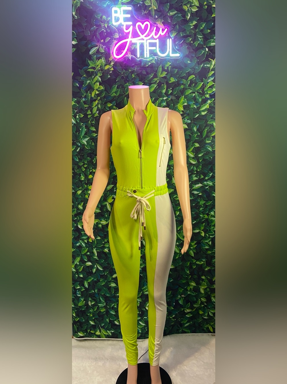 Sleeveless Lime & Cream Zip-Front Jumpsuit